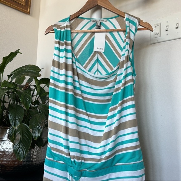 Mango Striped Cowl Knit Tank Dress Sz L White Blue Dropped Waist NWT - Picture 2 of 9